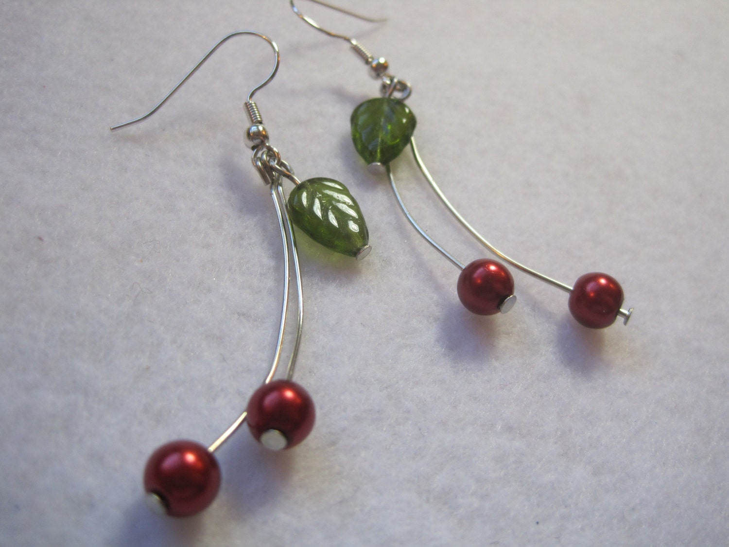 Beaded cherry earrings. Red glass pearl and glass leaf beaded