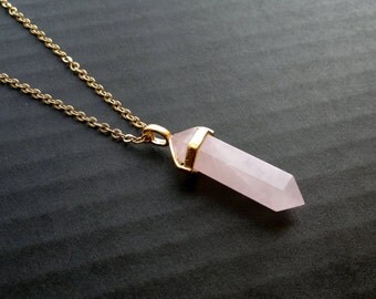 Gold Crystal Point Rose Quartz Pendant Necklace Pink Stone Necklace Rose Quartz Jewelry Natural Stone Chain Crystal Mineral Boho Jewelry