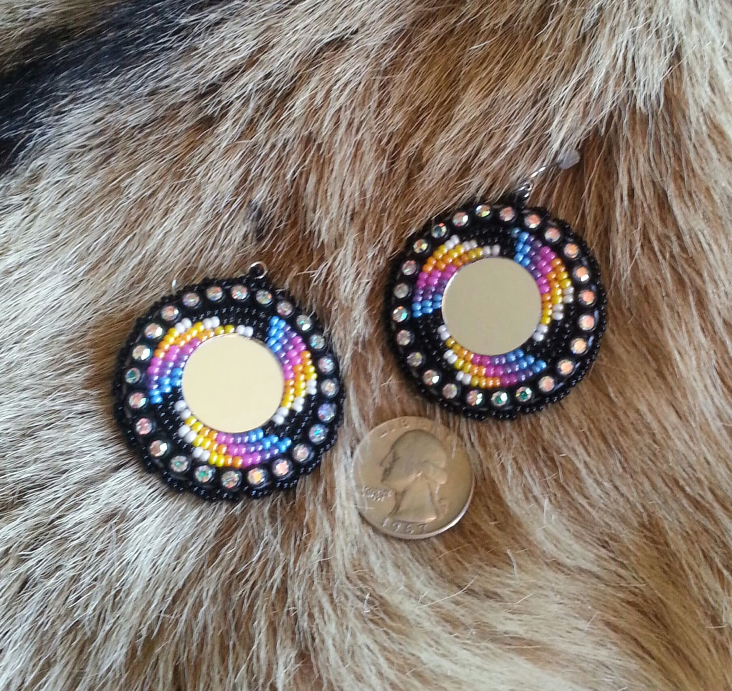 Native American Beaded Earrings With Mirror Center