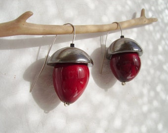ceramic dangles/ red acorns/ sterling silver