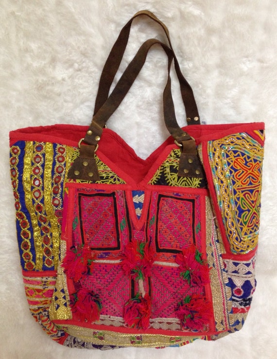 Items similar to Vintage fabric Gujarati Indian handmade tote bag/brown ...