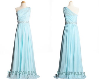 Pastel Blue Sheer One Shoulder Beaded Waist Long Prom Dress, Light Sky ...