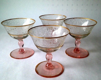 Set of 4 Antique Pink Depression Era Glasses with Gold Gilt Trim / Wine ...