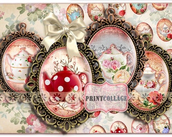 Shabby Chic Tea set Digital Collage Printable Sheet 30x40 mm 30x22 mm 25x18 mm 18x13 mm Cabochon oval images pendants Instant download C97