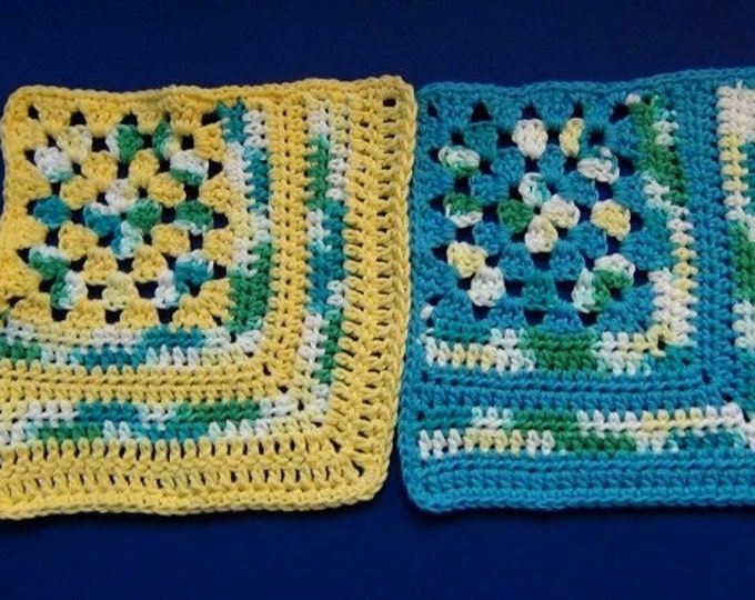 Granny Crochet Dishcloth - Granny Corner Wash Cloth - Set of 2 Blue and Yellow Decorative Cotton Cloths
