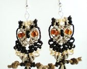 Owl micro macrame earrings on a perch knotted with taupe and brown nylon cord
