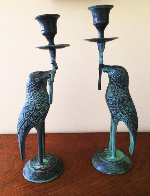 Brass Bird Candle Holder Pair: Patina Turquoise Votive