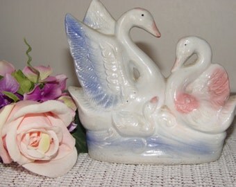 Vintage swans ceramic figurine,,Beautiful Pink and Blue swans,ceramic swans paired