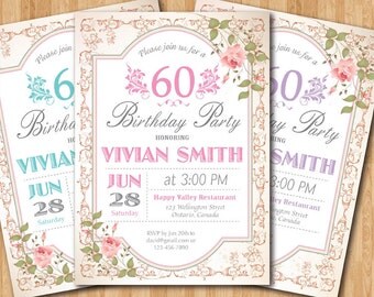 60th Birthday Invitation Women Surprise Birthday. Adult Elegant Floral flower. Purple, Pink, Blue, any color. Printable digital.