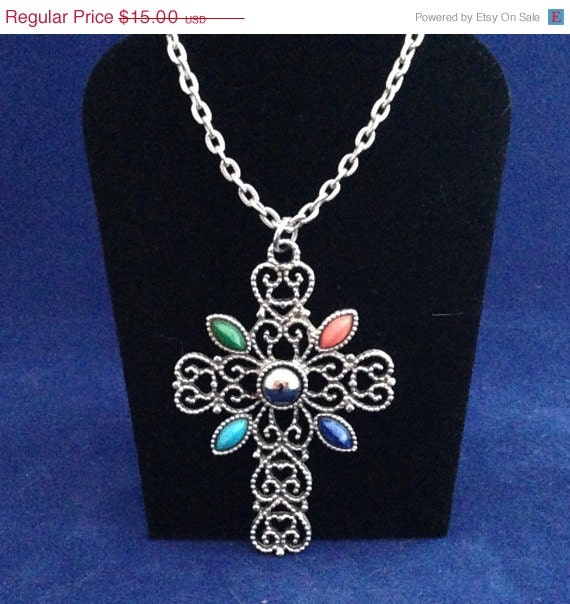 On Sale Vintage Avon Filigree Cross Necklace with Lucite Stones, turquoise, jade, lapis and camelian