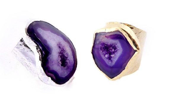 Agate Ring- Purple Agate on an Adjustable Electroplated Gold or Silver Cigar Band Ring