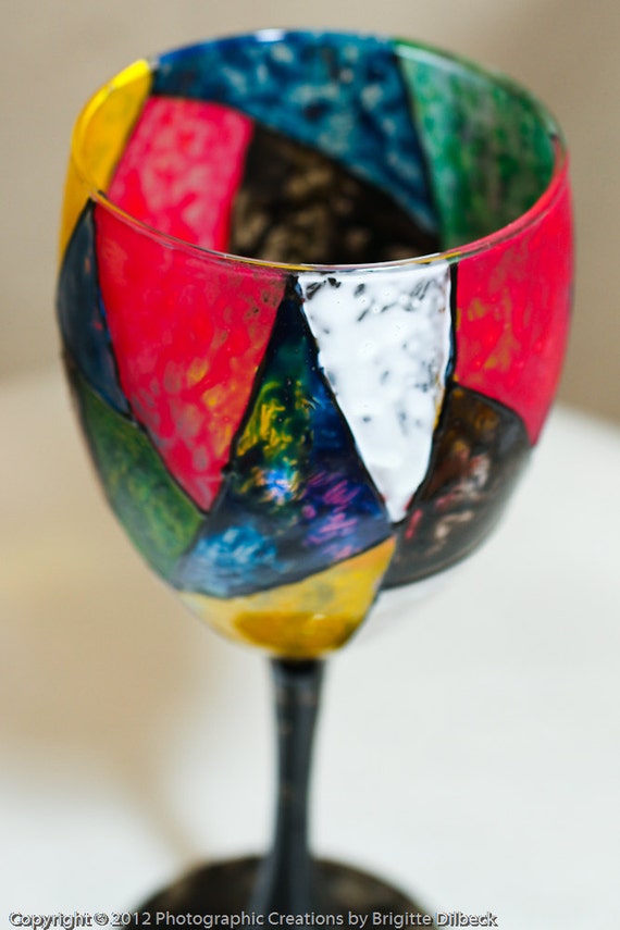 Items similar to Hand Painted Multicolor Stained Glass Wine Glasses