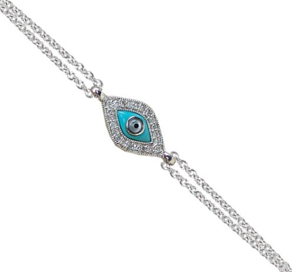 14kt white Gold Diamond Lucky Evil Eye Bracelet With Turquoise, Nazar ...