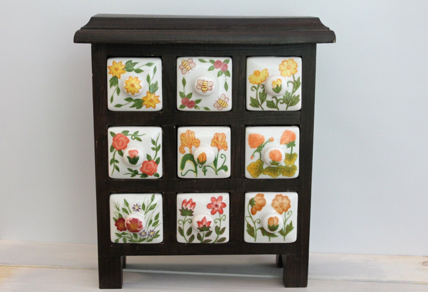 Wooden Spice or Tea Cabinet with 9 ceramic drawers