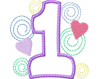 1st Birthday Applique Design with Spirals and Hearts, Valentines Number ...