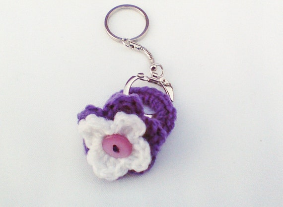 Purple Crochet keychain Crochet flower ring key by HandmadeTrend