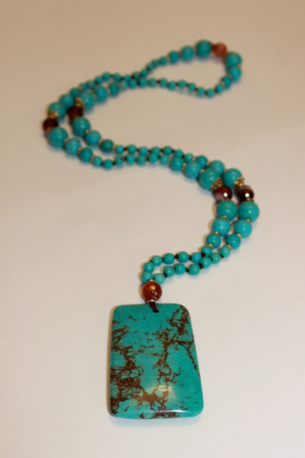 Turquoise and brown agate necklace long handmade with large