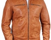 Mens Leather Biker jacket Zipped Collar