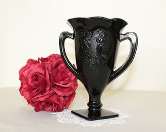 Black Amethyst Glass Two-Handled Trophy Vase with Dancing Maids - LE Smith Glass Company