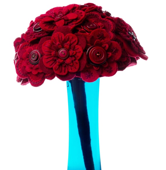 Red Felt Flower Button Bouquet / Wedding Flowers / Bridal