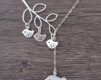 Tree Branch Necklace, Family Jewelry, Silver Bird Necklace, Lariat,1 to 5 Baby Birds,Mother Necklace,Grandma Necklace, Branch, mother's day