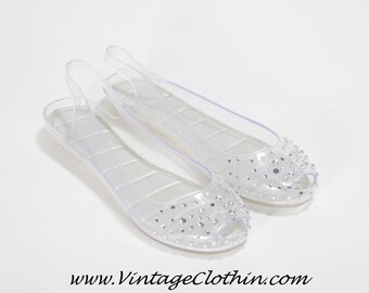 Clear Jelly Rhinestones Peep Toe Sling Back Shoes US size 10, Jelly ...