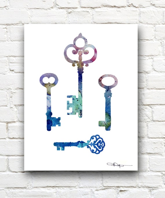 Keys Art Print Abstract Antique Key Watercolor Painting