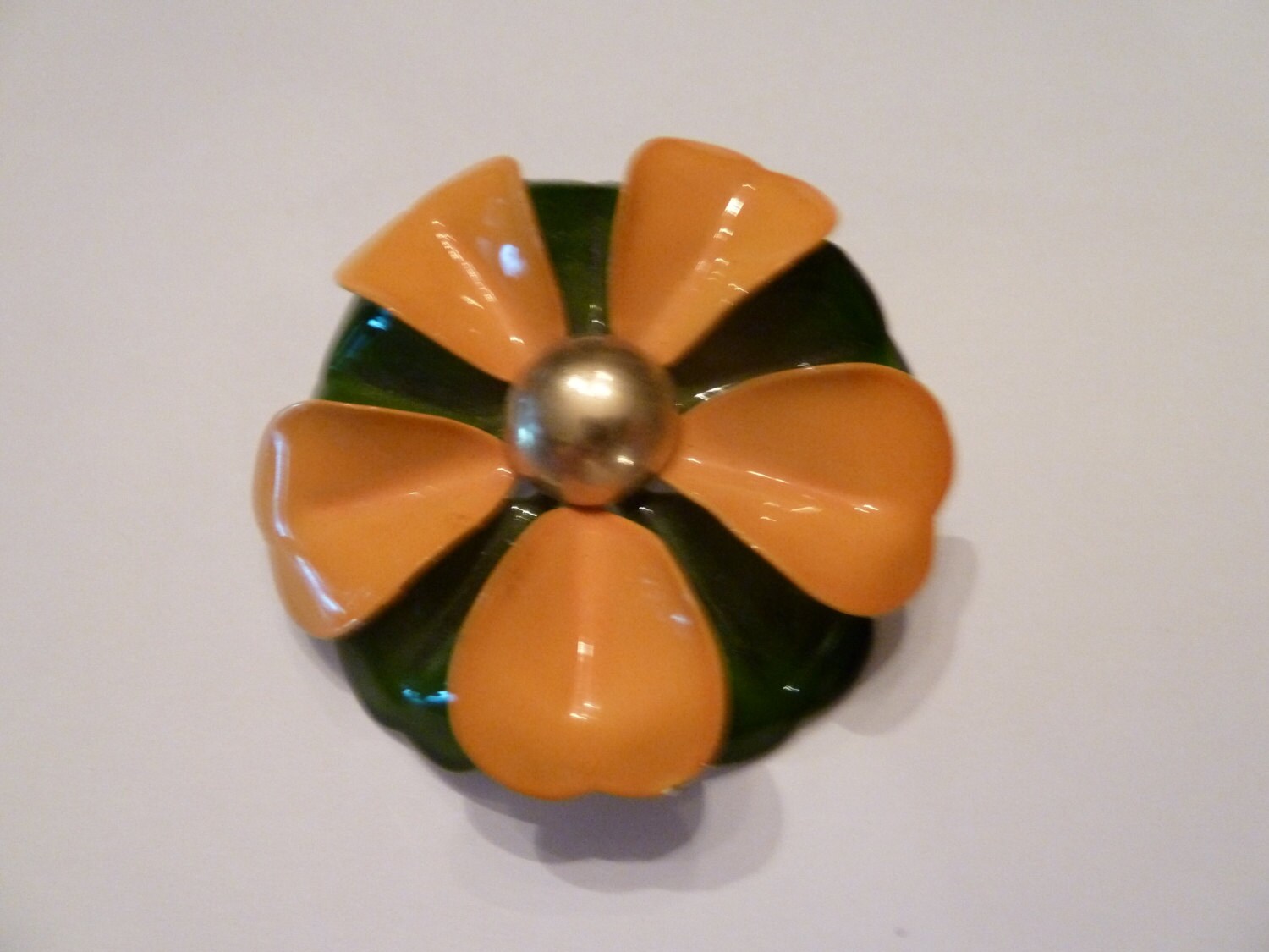 Vintage Enamel Flower Brooch Painted Yellow / Orange And Green