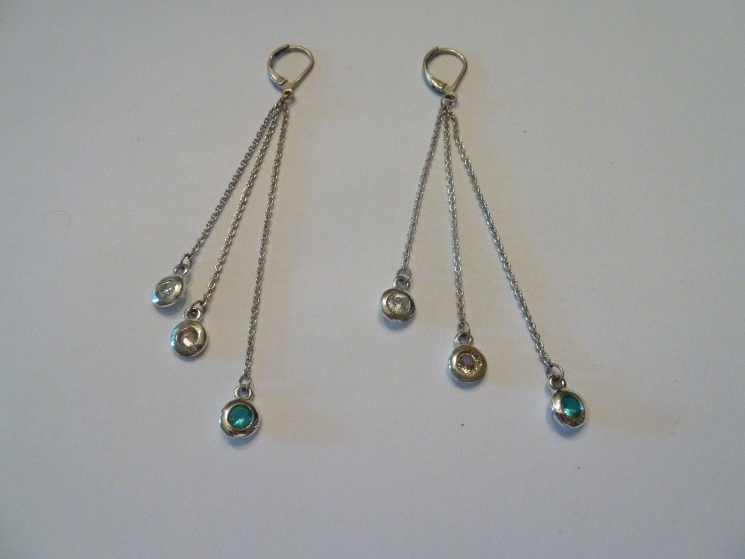 Vintage silver tassel dangle crystal earrings clear blue