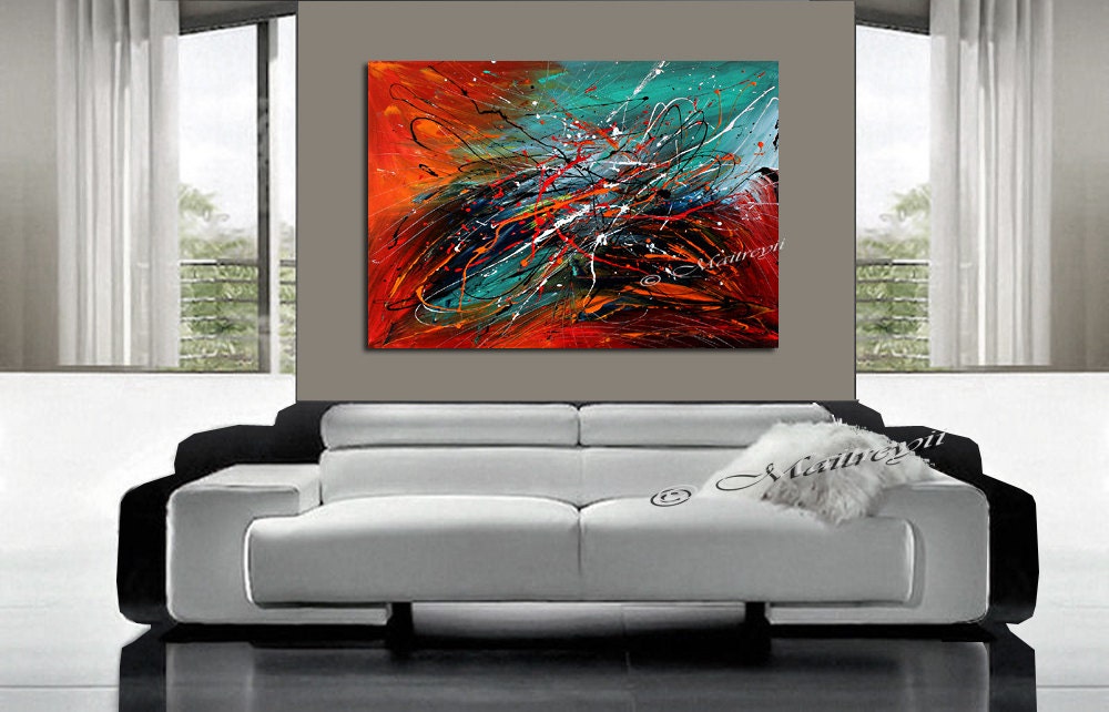 ABSTRACT Art LARGE ARTWORK Red Teal Turquoise Contemporary