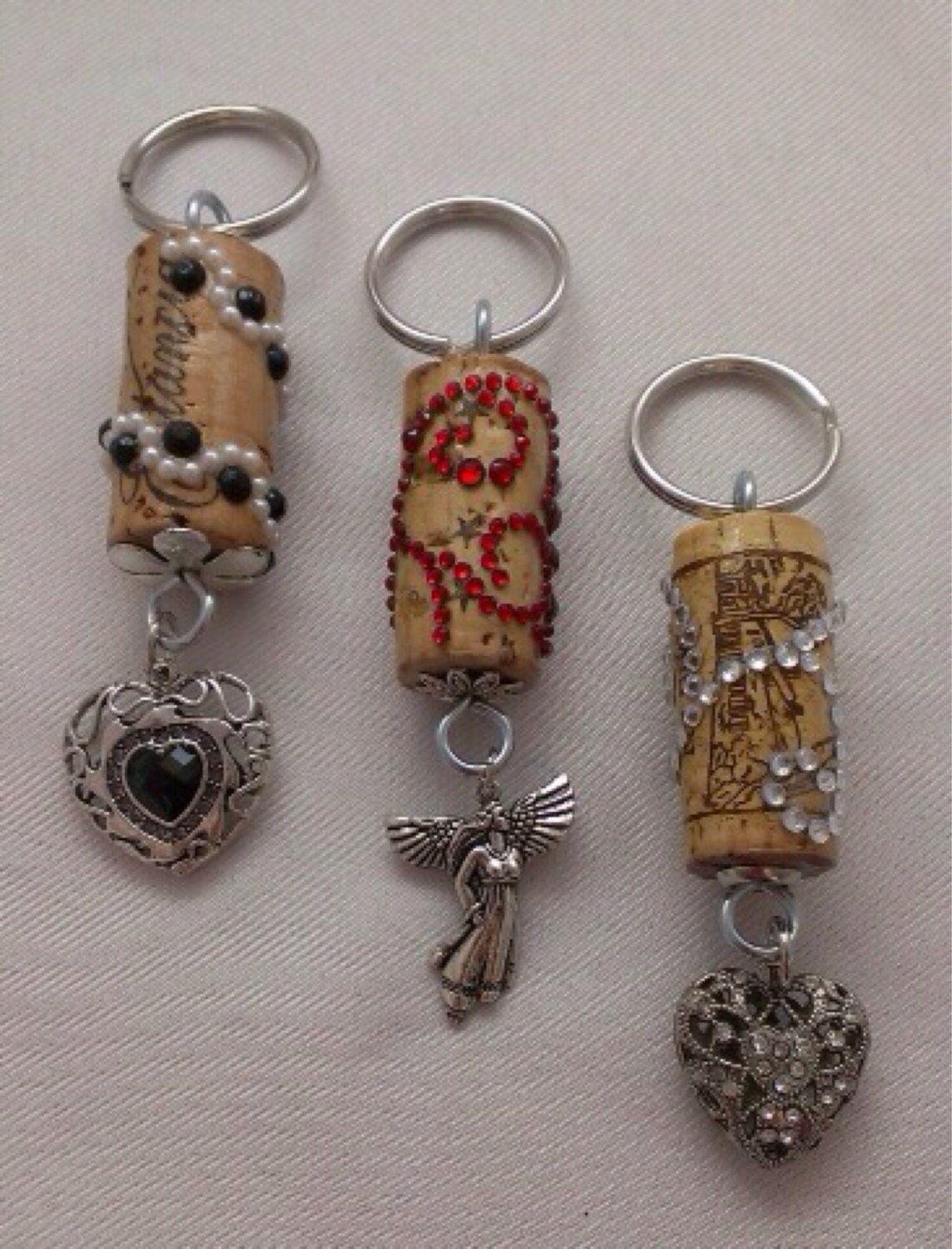 Hearts and Angels wine cork keychain