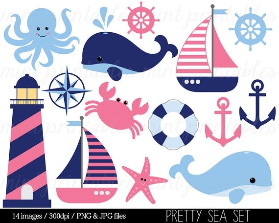 Nautical Clipart Clip Art, Anchor Clipart, Blue Pink Whale Sailing ...