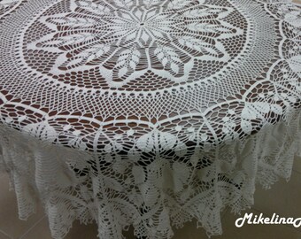 Round Crochet Tablecloth, Beautiful Gift, Milky White, 100% Linen, Table Decoration