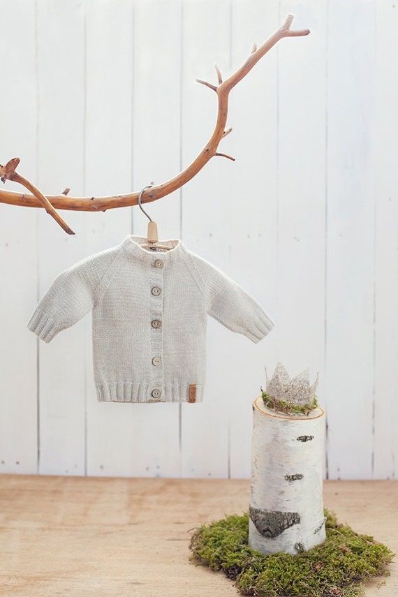 Newborn cardigan / Hand knitted organic wool baby sweater
