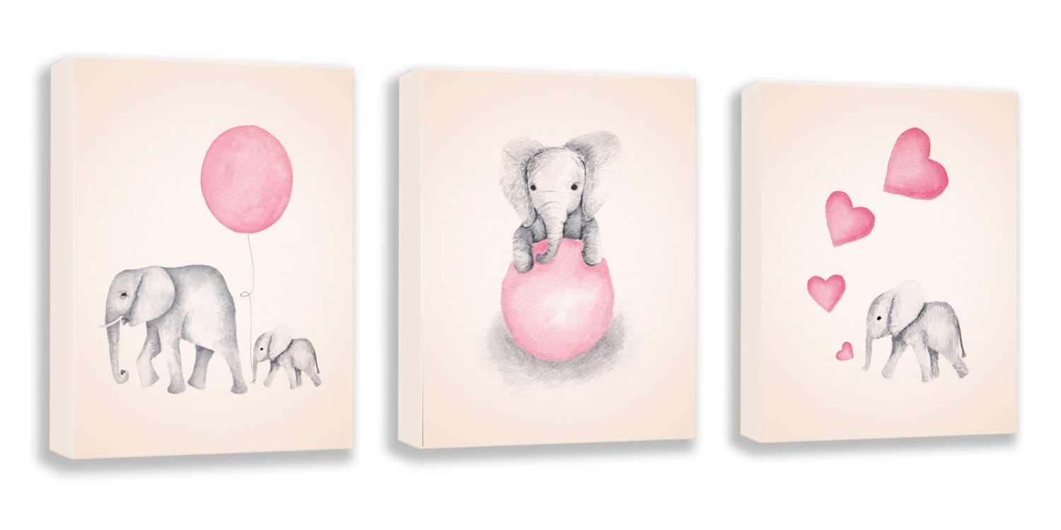 Set of 3 Canvas Art Baby Girl Nursery Elephant Nursery
