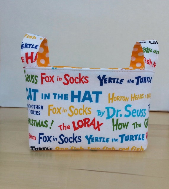 Small Fabric Storage Bin Basket - Dr. Seuss Print with Yellow Dot