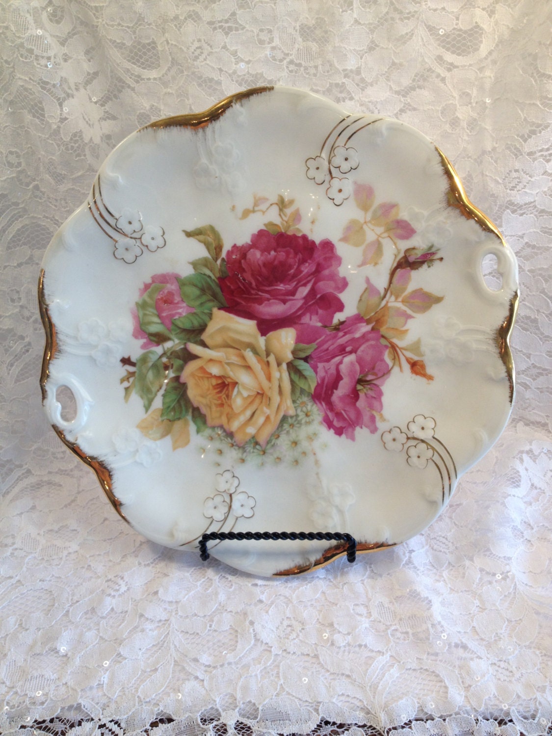 CT, Carl Tielsch German HandPainted Serving Tray, Yellow and Pink