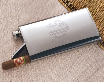 Shiny Stainless Flask and Cigar Holder Combo (e141-1121) - Free Personalization