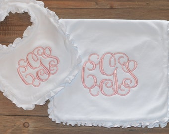 Mongoram bib and burp cloth set, Monogram burp cloth, Monogram bib, Monogram ruffle burp cloth, Monogram ruffle bib, Burp cloth and bib set