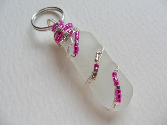 Fuschia pink sparkle white sea glass bag charmkey ring with Miyuki ...