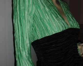 Mary McFadden couture 80s fully pleated seafoam w black @ Vintage 50s 60s 70s Boutique