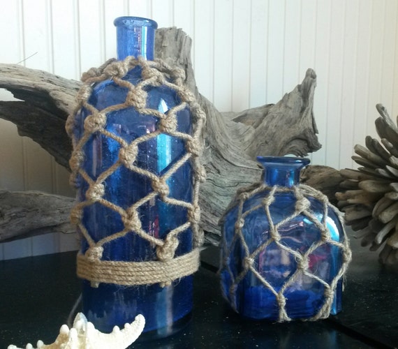 Set of 2 Cobalt Blue Glass Rope Vases Nautical by BeachBungalowInc