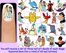 60x ALADDIN Inspired Nail Art Decals Decal + Free Gift Disney Jasmine Princess Princesses The Genie Jafar Iago Abu Magic Carpet Sultan Rajah