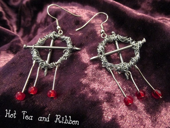 Crown of Thorns, Nails, with 3 Drops Earrings