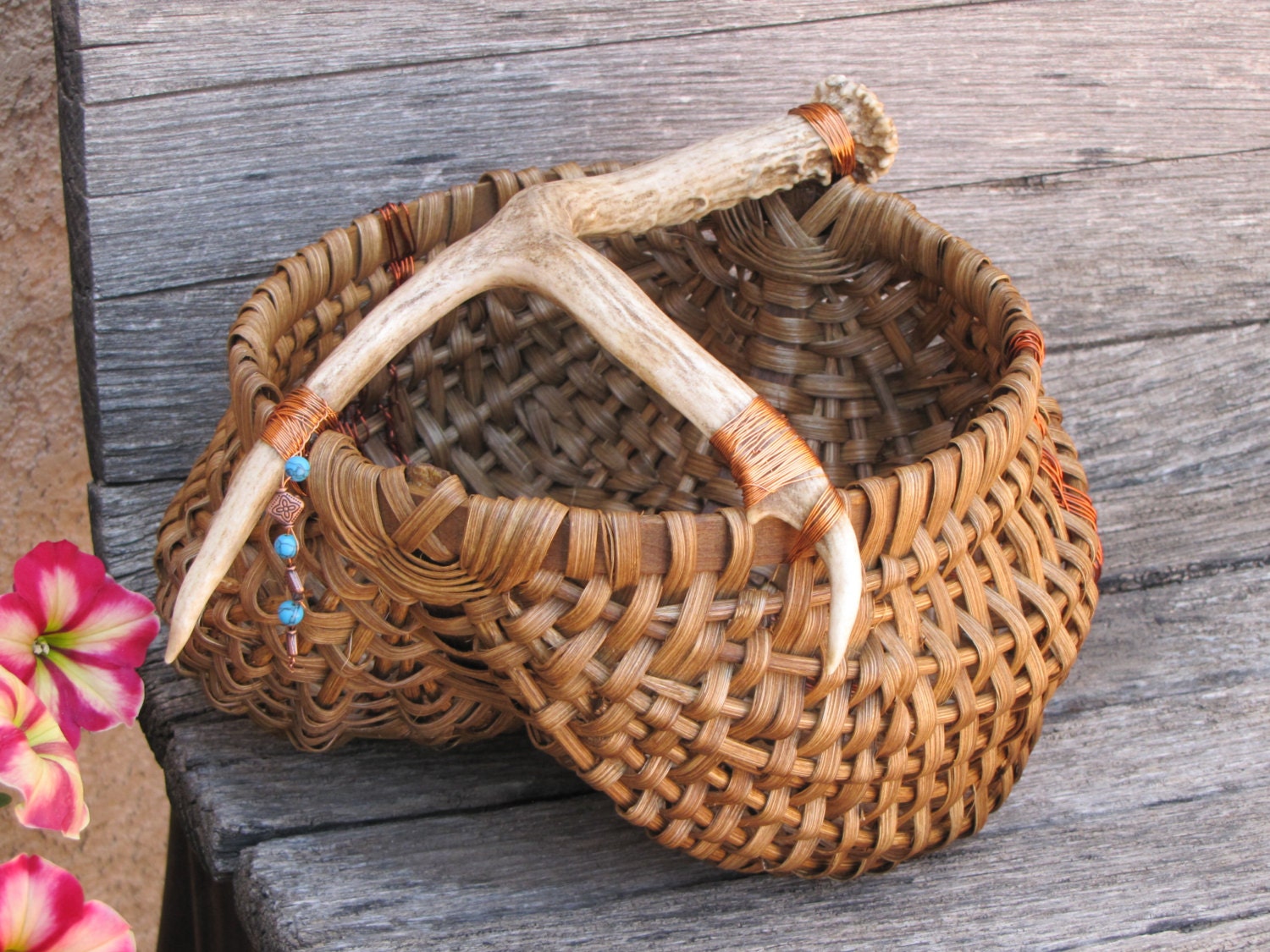 Egg Basket with deer antler handle copper by ItsAlwaysSomethingHJ
