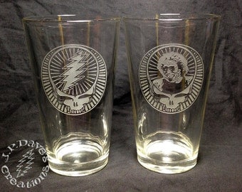 Set of 2 Etched Grateful Dead Sandblasted Pint Glasses, Mix & Match Images, 16oz Beer Glass, Tumbler