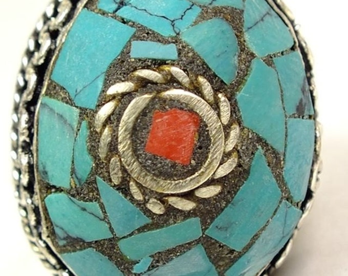 Storewide 25% Off SALE Vintage Southwestern style mosaic, unpolished, silvertone ring with turquoise and coral accents.
