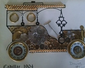 Vintage Genuine Original Horological Montages by David of London: Cadillac 1904 Postcard Steampunk