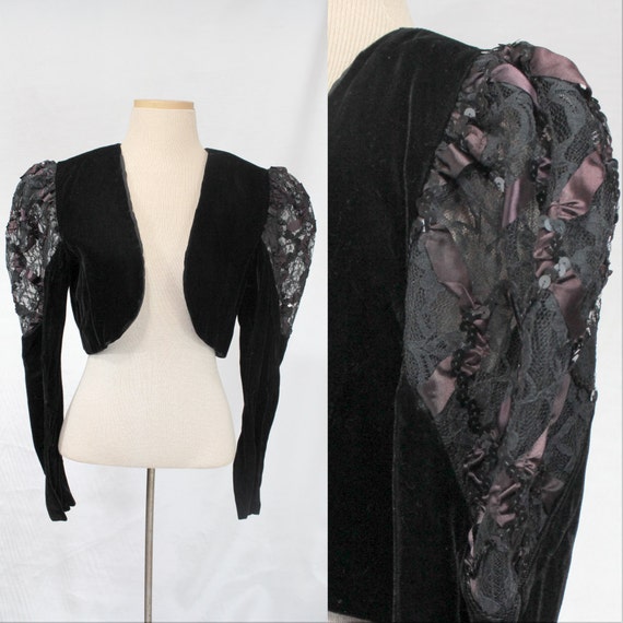 BLACK VELVET BOLERO Jacket 80s 40s Lace Cropped Top Party