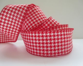 Red and White Houndstooth Ribbon Wired 2 1/2" inch wide Woven Fabric Ribbon Checked Gift Wrap Gift Basket Wreath Ribbon Home Decor LR002